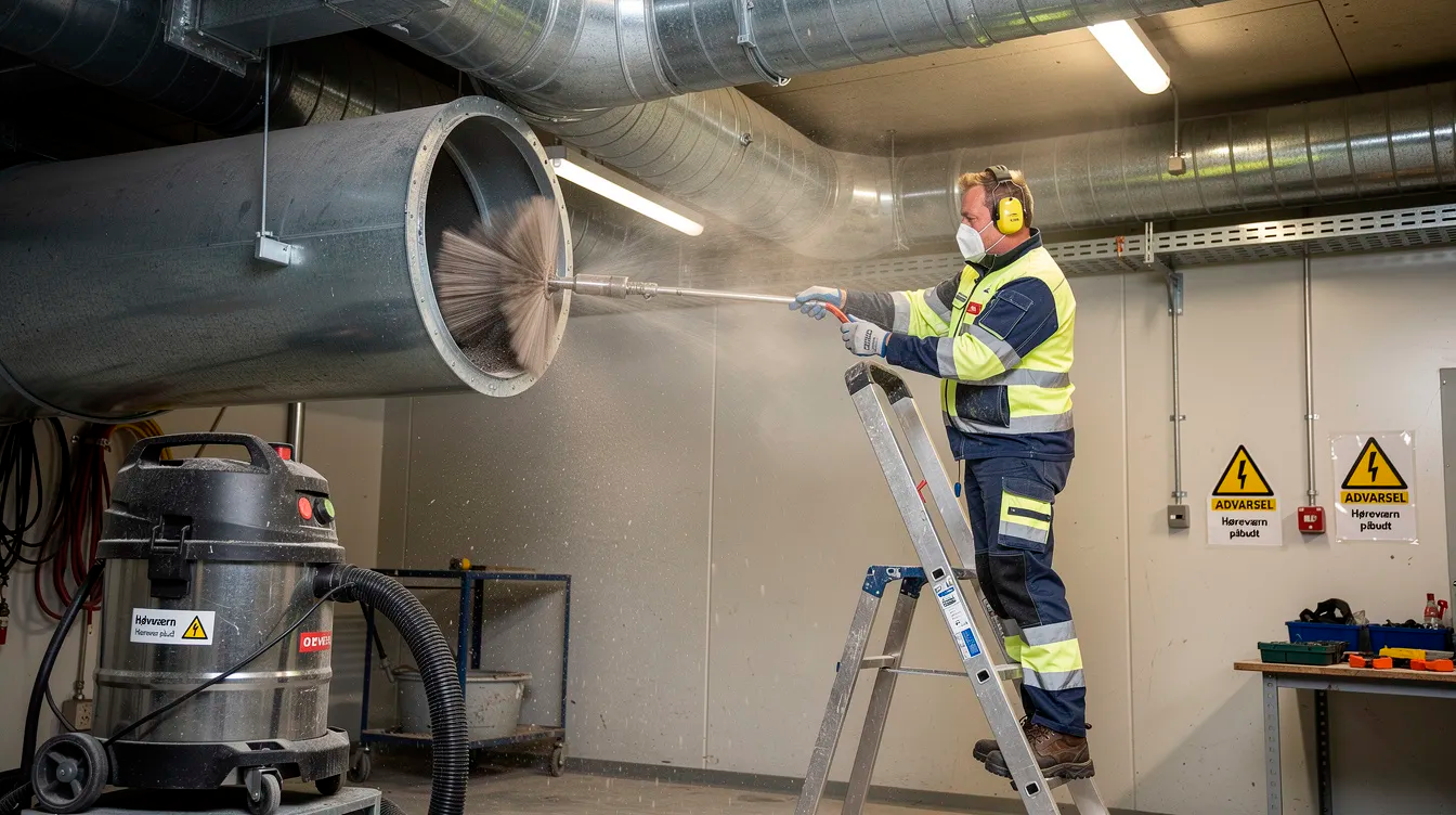 En fagtekniker er i gang med at rense ventilationskanaler 