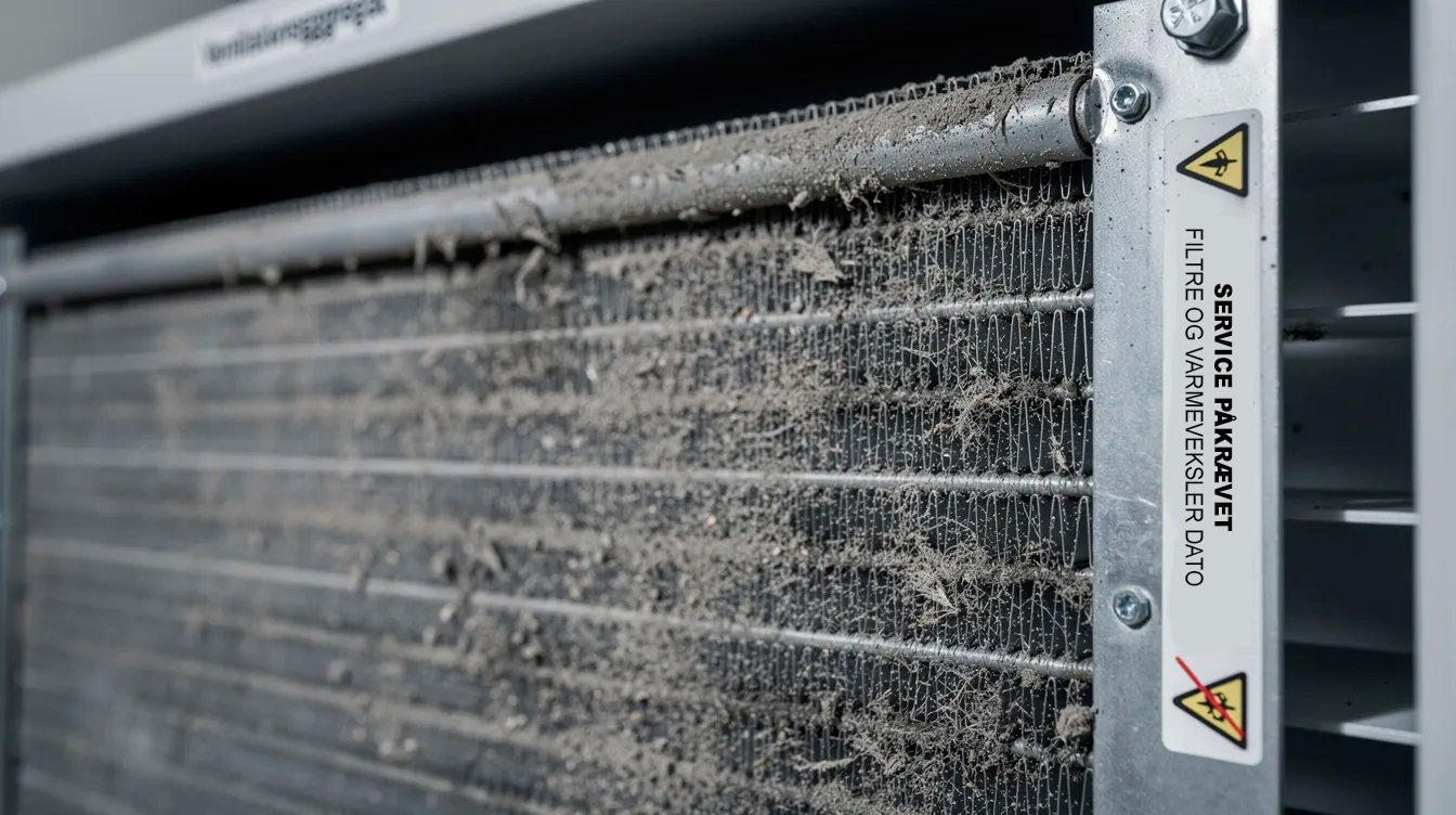 Nærbilledetaf ventilationsaggregat med synligt og tydeligt støv på varmeveksleren og filtrene, hvilket indikerer behovet for grundig rensning for at sikre, at dit ventilationsanlæg fungerer optimalt og opretholder et sundt indeklima.
